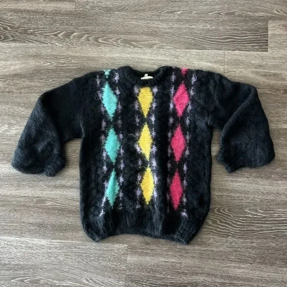 Vintage Tam O'Shanter Mohair Sweater Large Black‎ Argyle UK Made